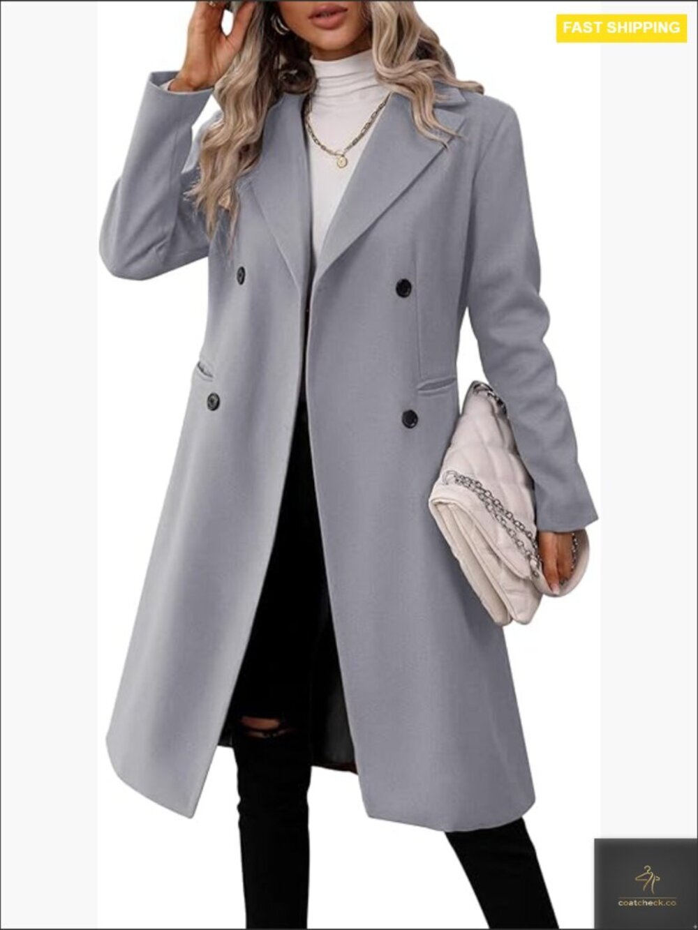 Long Double Breasted Pea Coat Slim Fit Wool Blend Classic Lapel Collar Trench